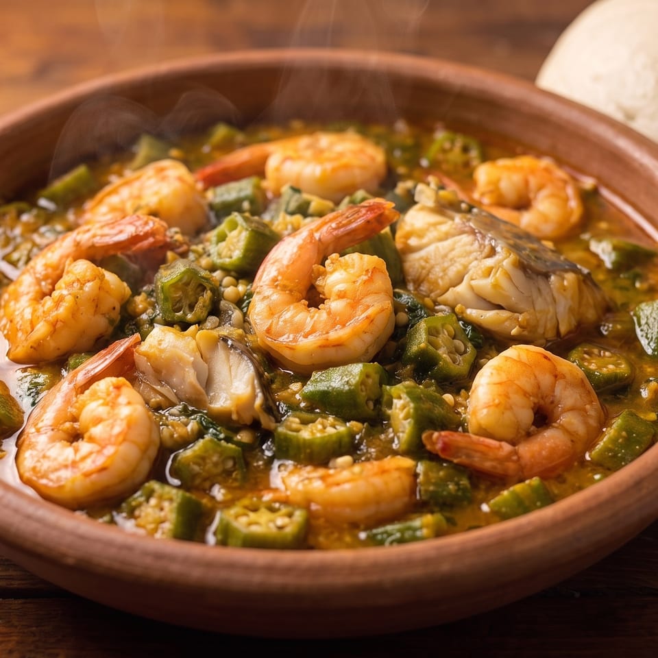 Steaming okra soup with shrimp and fish in a clay bowl, with fufu in the background.