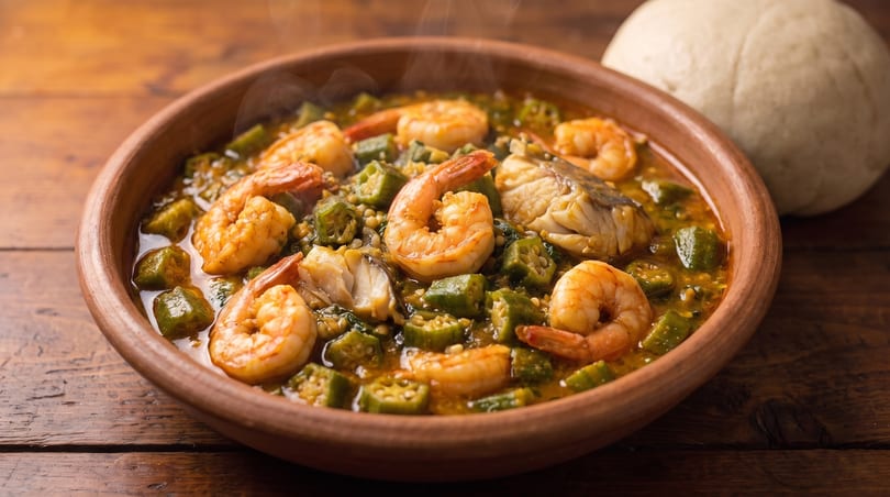 Steaming okra soup with shrimp and fish in a clay bowl, with fufu in the background.