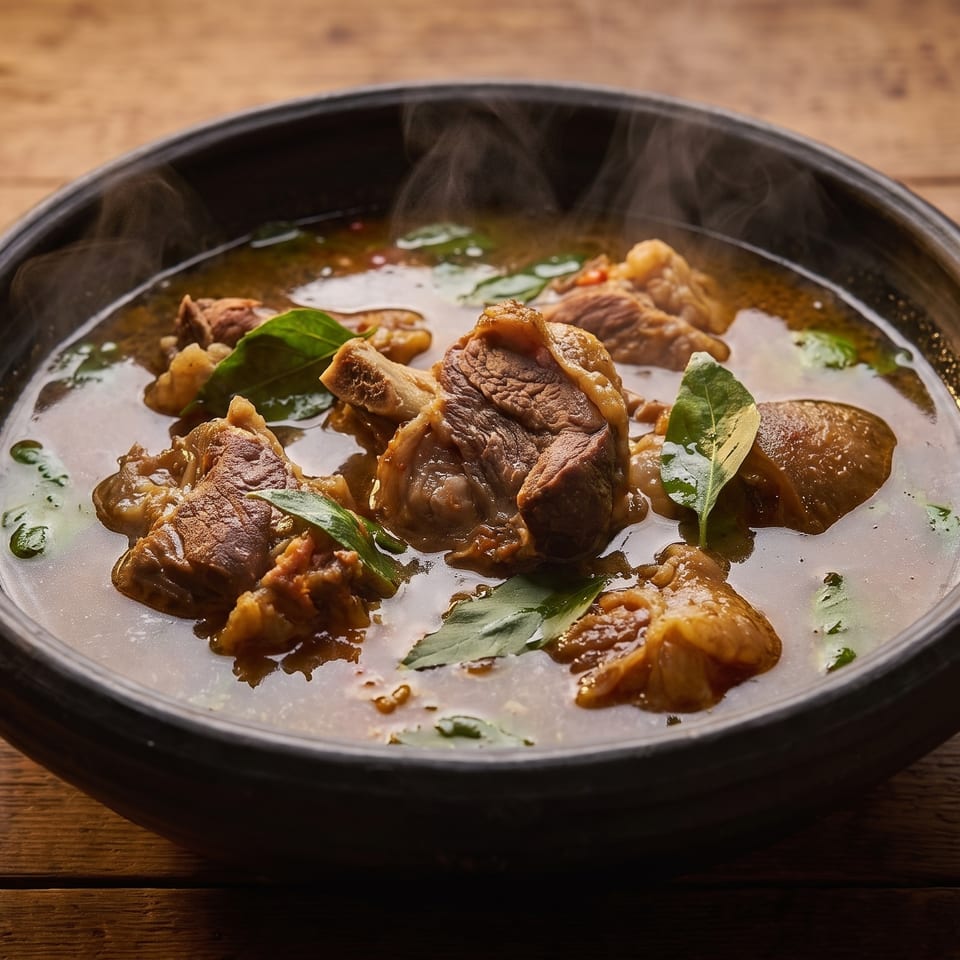 Steaming bowl of beef stew with green herbs on a rustic wooden table.