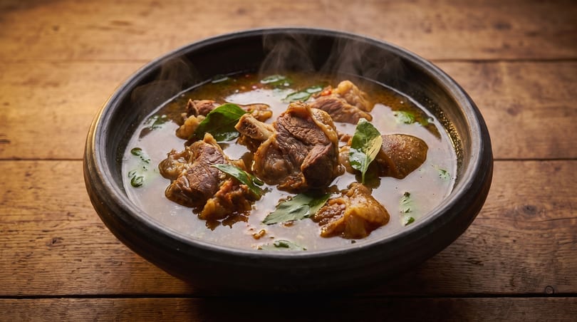 Steaming bowl of beef stew with green herbs on a rustic wooden table.