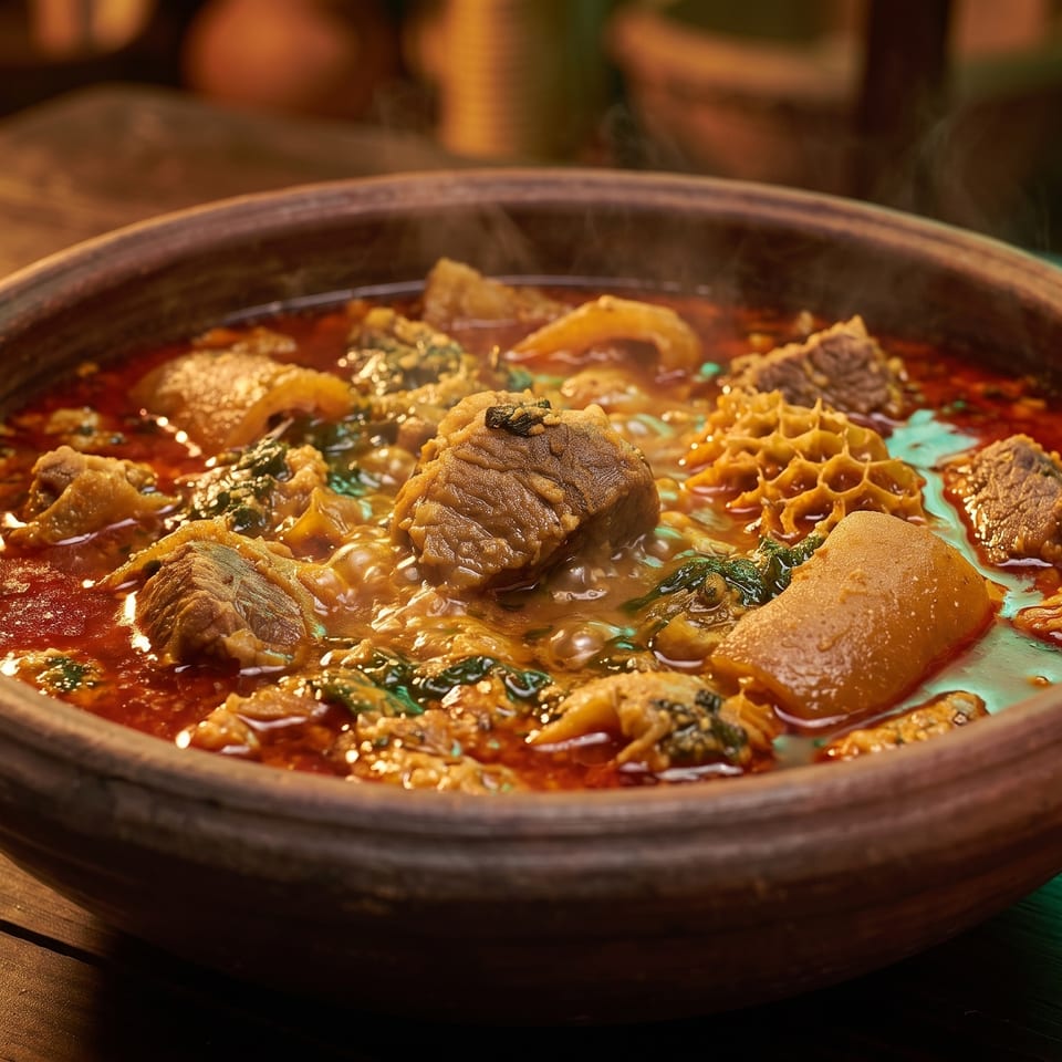 Steaming bowl of rich red stew with chunks of meat, tripe, and green vegetables on a wooden table.