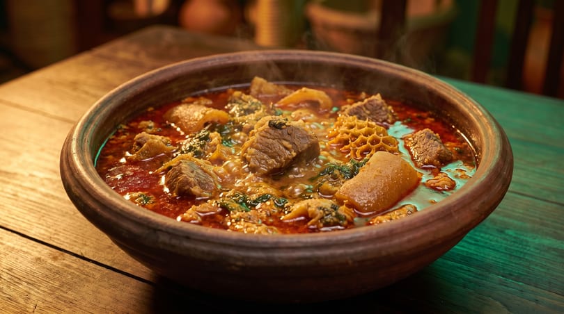 Steaming bowl of rich red stew with chunks of meat, tripe, and green vegetables on a wooden table.