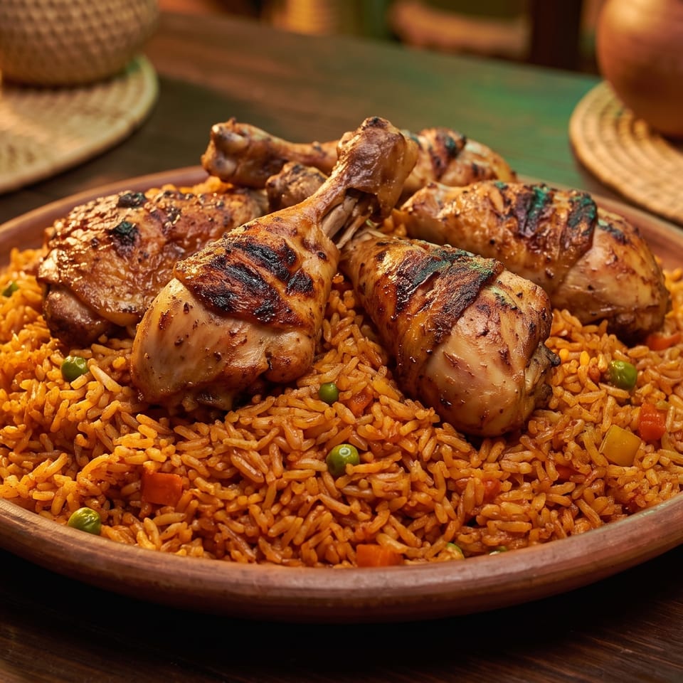 Grilled chicken drumsticks and thighs served on a bed of jollof rice with vegetables.