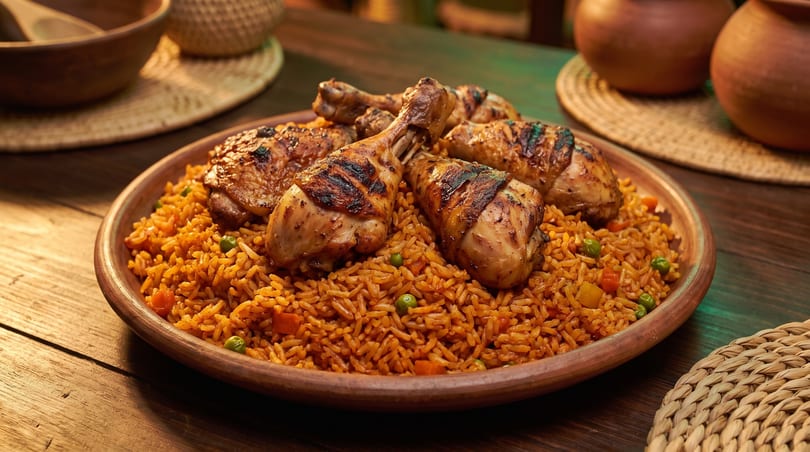 Grilled chicken drumsticks and thighs served on a bed of jollof rice with vegetables.