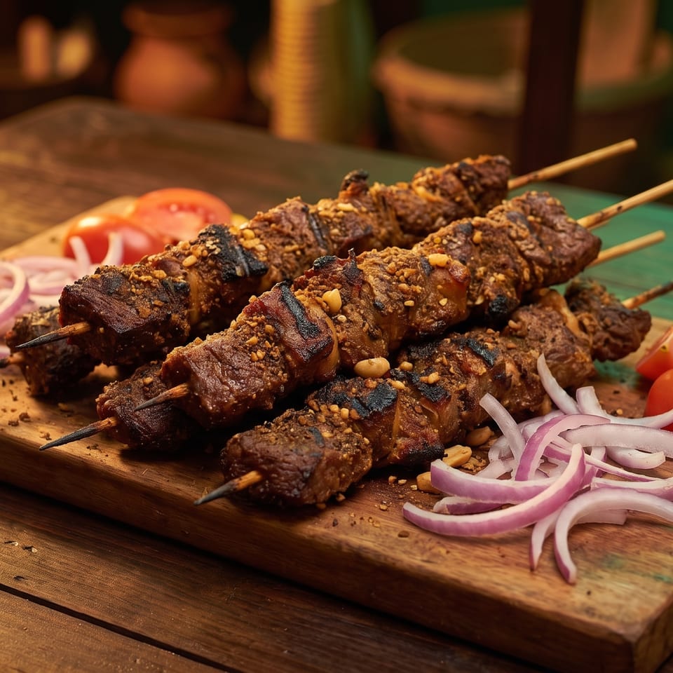 Grilled meat skewers with chopped peanuts, red onion slices, and tomato wedges on a wooden board.
