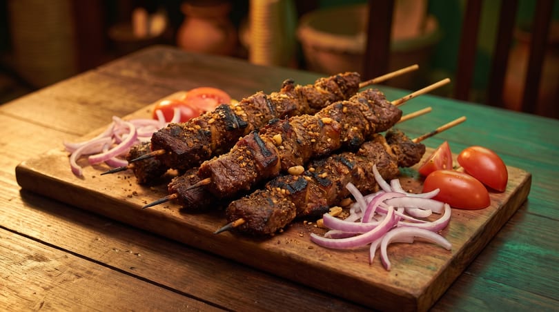 Grilled meat skewers with chopped peanuts, red onion slices, and tomato wedges on a wooden board.