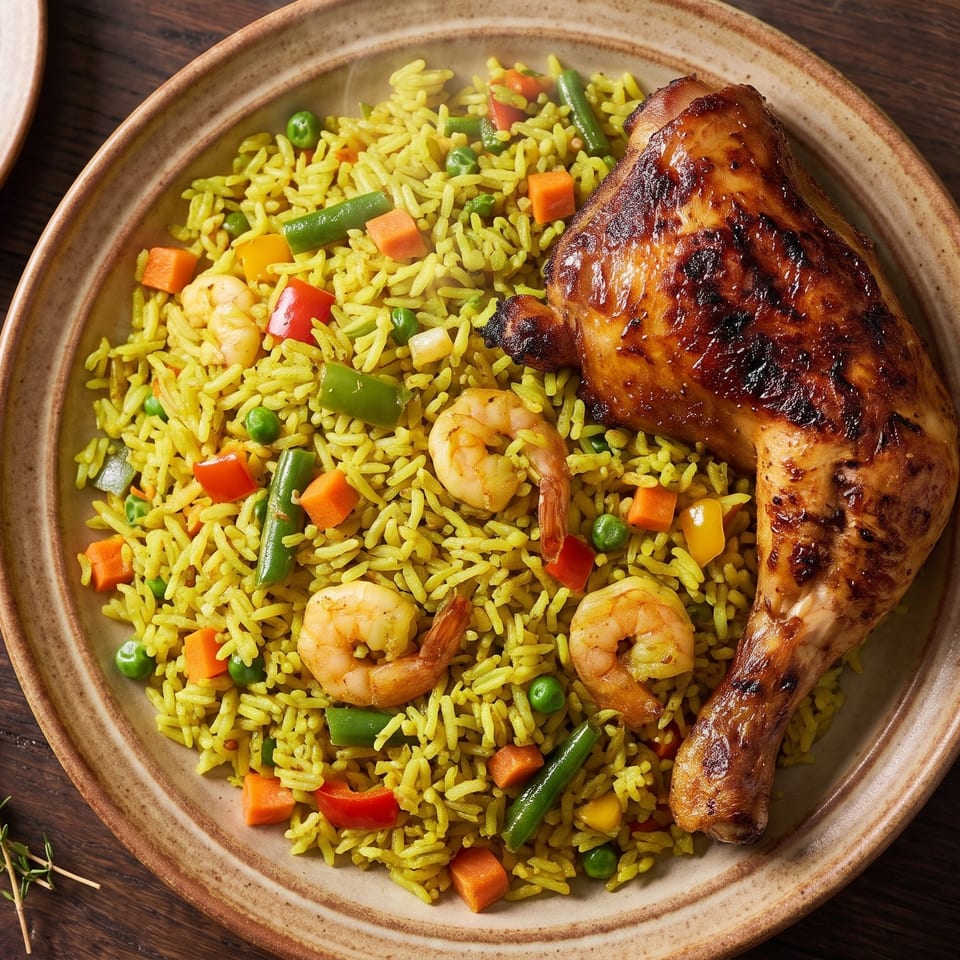 Grilled chicken leg, shrimp, and vegetable rice on a plate with fried plantains and herbs.