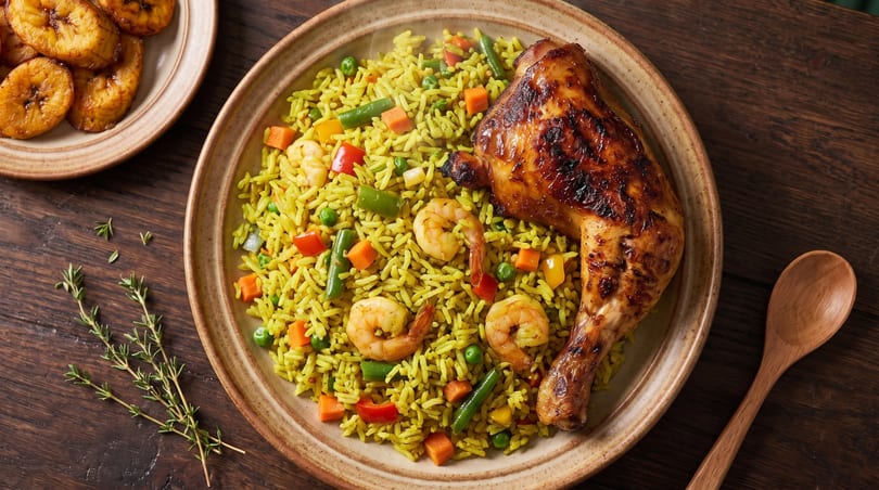 Grilled chicken leg, shrimp, and vegetable rice on a plate with fried plantains and herbs.