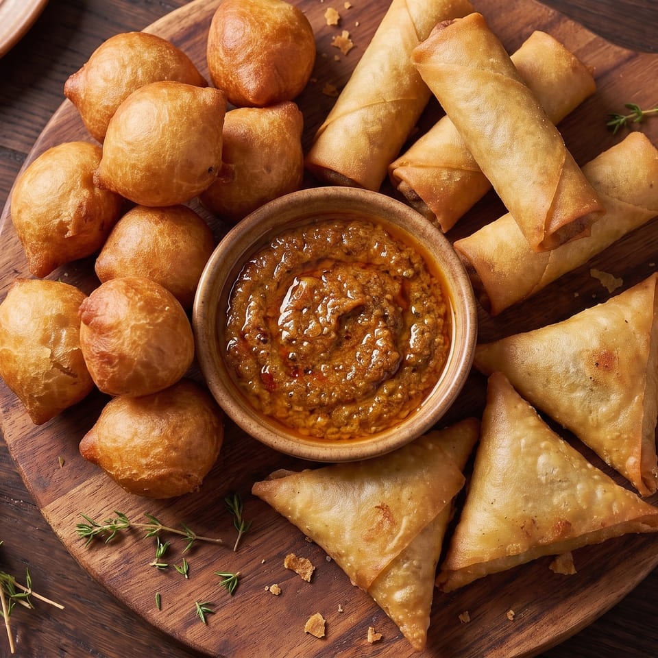 A wooden board with fried dough balls, spring rolls, samosas, and a bowl of spicy dip.