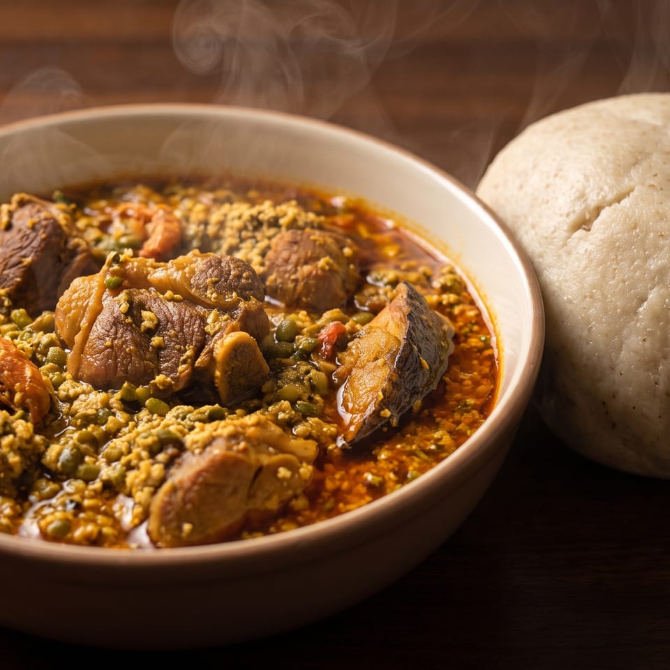 Steaming bowl of Nigerian Egusi soup with assorted meats and seafood, served with a side of pounded yam.