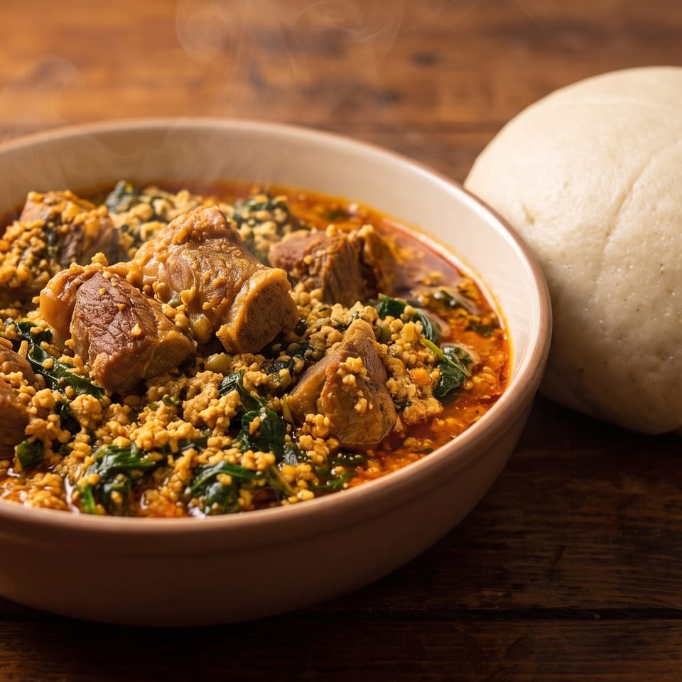 Steaming bowl of Nigerian Egusi soup with meat and greens, served with a side of pounded yam.