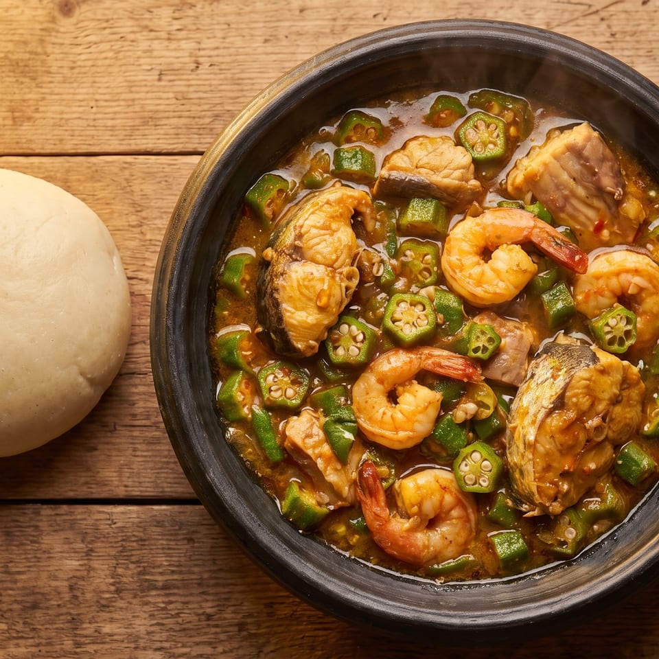 A bowl of okra soup with fish and shrimp, served with a side of fufu on a wooden table.
