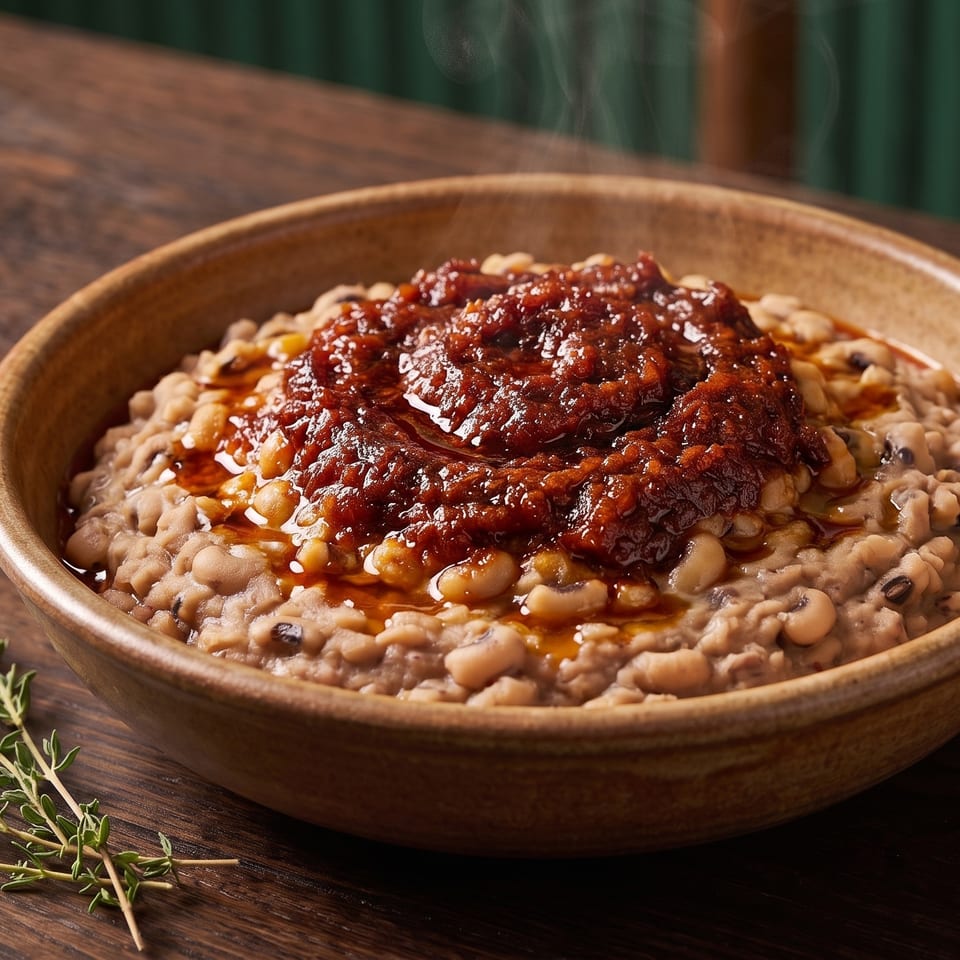 Steaming bowl of black-eyed peas topped with red sauce and oil, garnished with thyme.