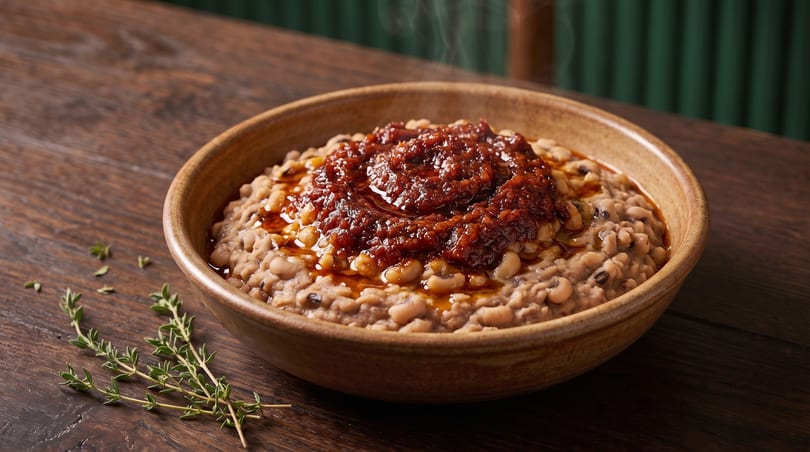 Steaming bowl of black-eyed peas topped with red sauce and oil, garnished with thyme.