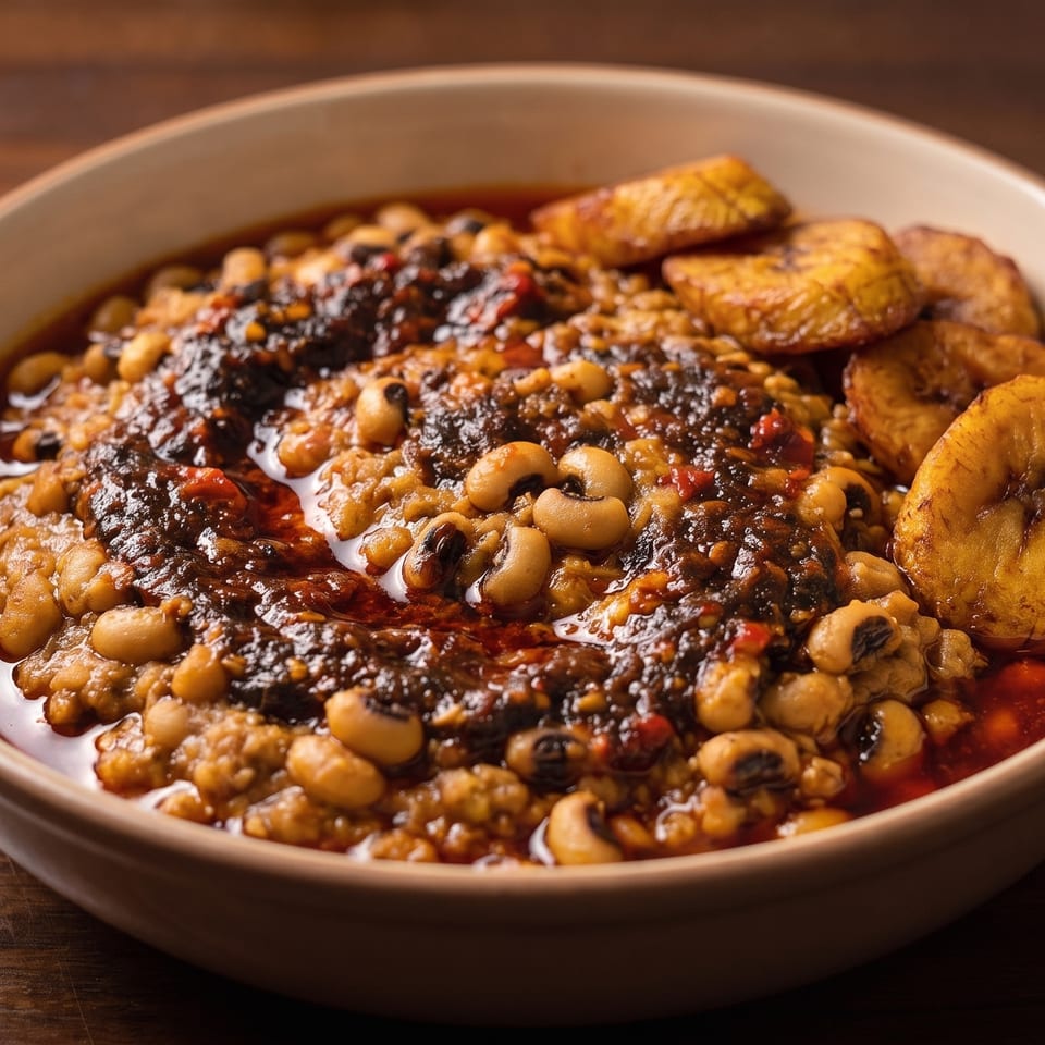 A bowl of black-eyed peas and stew, topped with fried plantains on a wooden table.