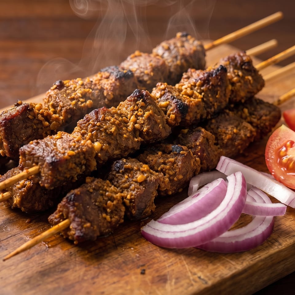 Steaming beef skewers with peanut coating, served with tomato wedges and red onion slices on a wooden board.