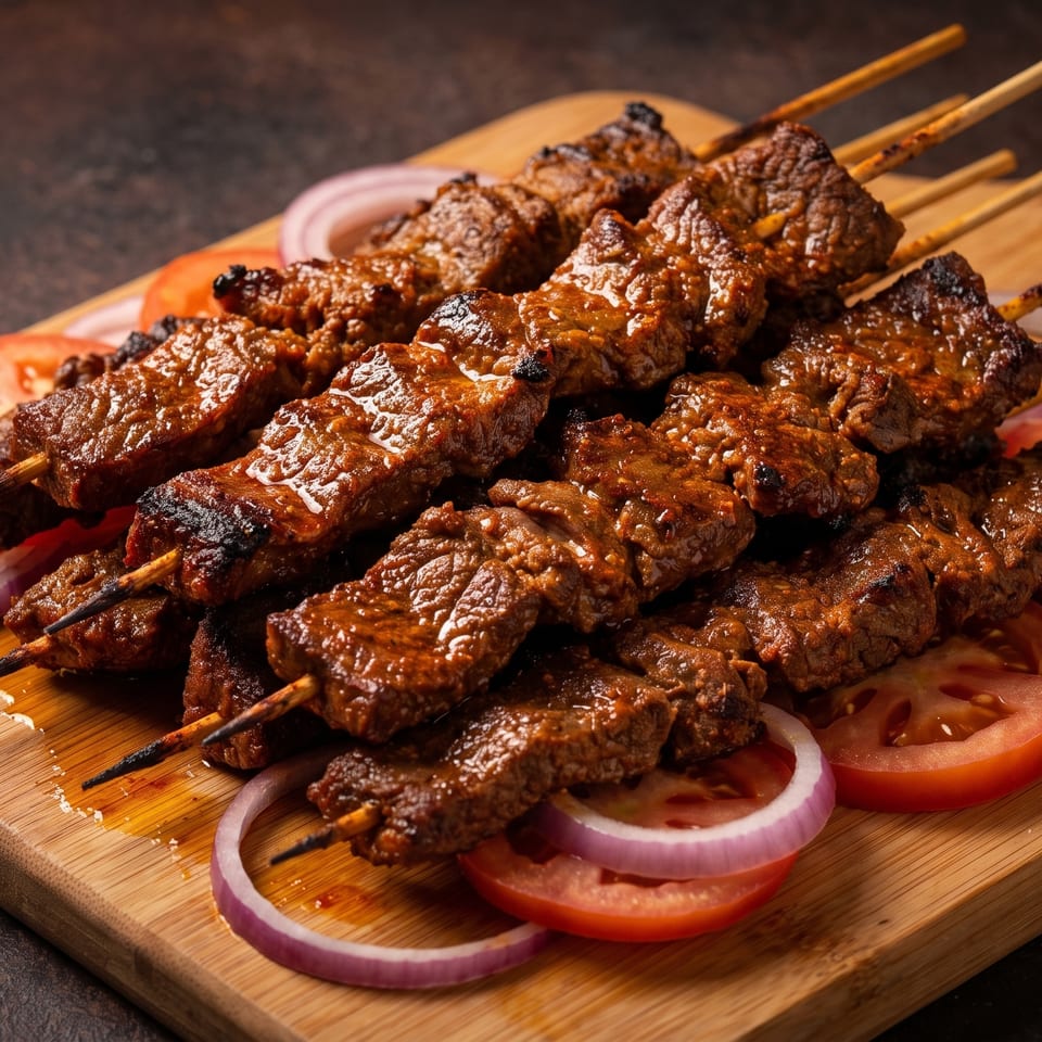 Grilled beef skewers with tomato slices and red onion rings on a wooden cutting board.