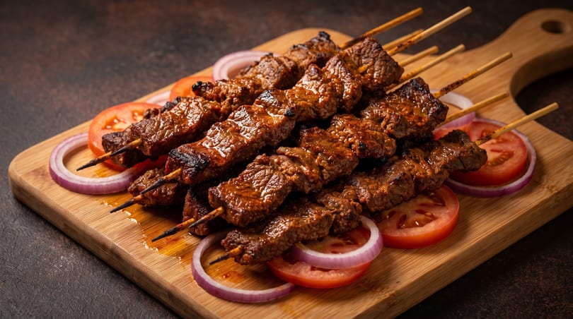 Grilled beef skewers with tomato slices and red onion rings on a wooden cutting board.