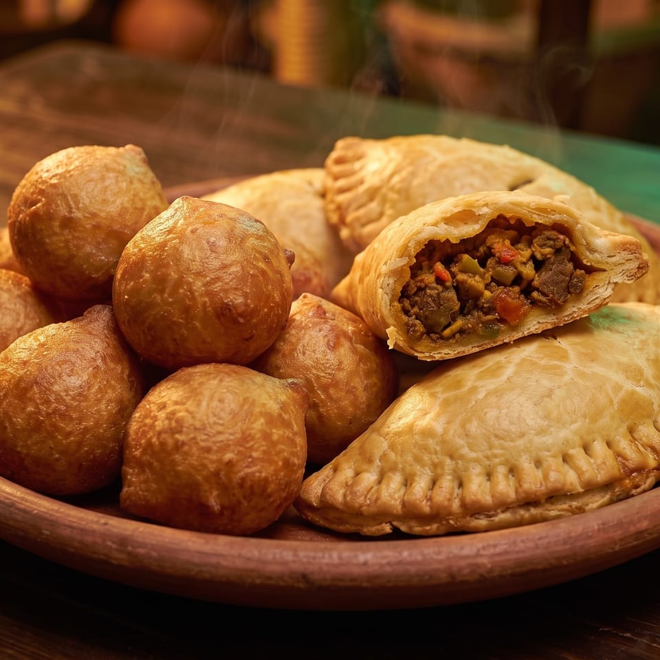 A plate of golden-brown fried dough balls and empanadas, one cut open to show a savory filling.
