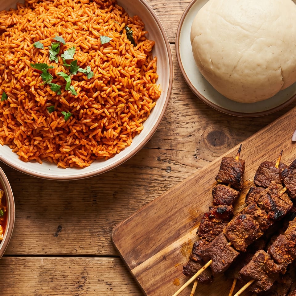 A vibrant spread of West African dishes, including jollof rice, egusi soup, fufu, and beef suya skewers.